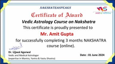 Nakshatra Studies — Certificate awarded to Amit Gupta