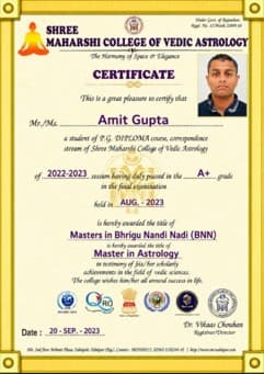Masters in Nadi Astrology — Certificate awarded to Amit Gupta